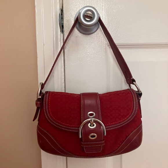 Coach Soho Small Flap Shoulder Bag, Red Leather and Signature Jacquard - Picture 1 of 5